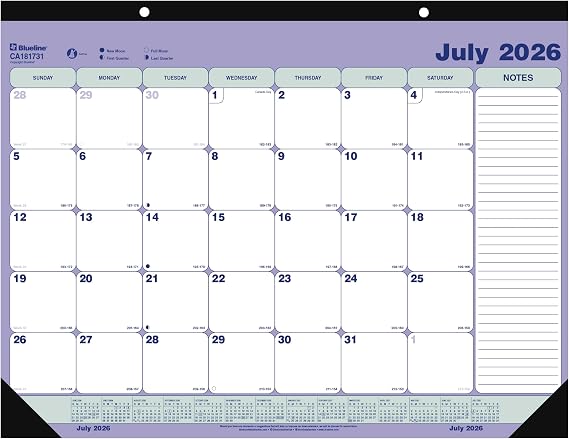 Blueline Academic Monthly Desk Pad Calendar, 13 Months, July 2026 to July 2027, 21.25" x 16" (CA181731)