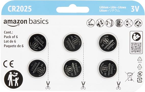 Amazon Basics 6-Pack CR2025 3V Lithium Coin Cell Batteries, Long Lasting Power, Mercury-Free, Child Safety Packaging