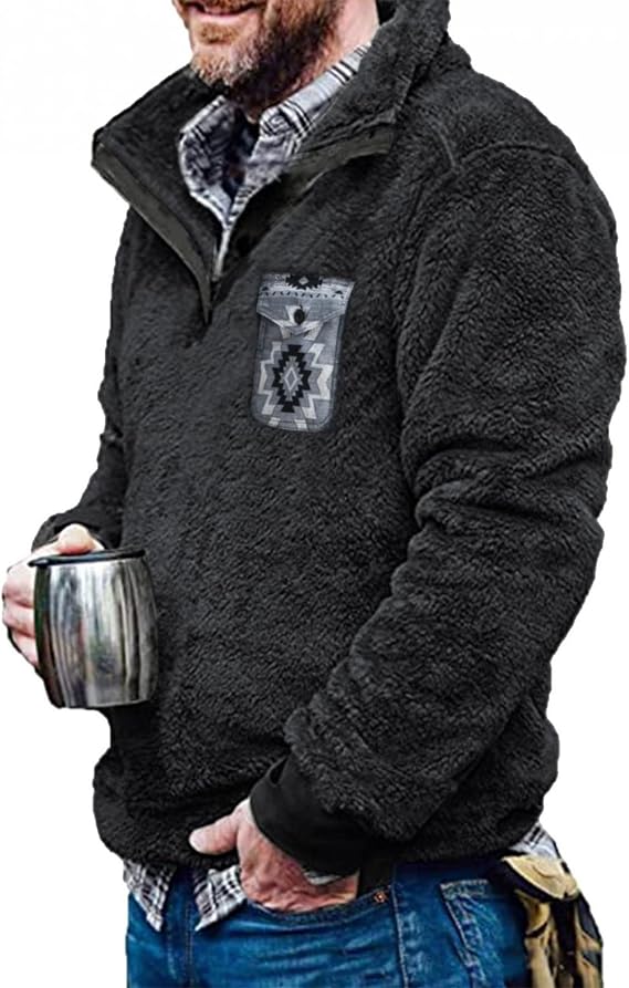 Beotyshow Mens Aztec Fleece Jackets Tribal Fuzzy Sherpa Pullover Sweatshirt
