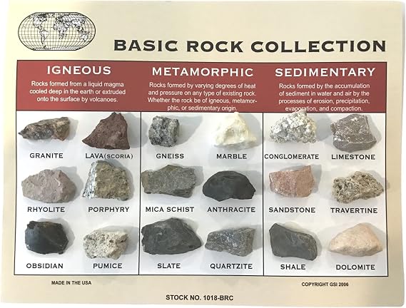 Rock Collection and ID Chart - 18 Rocks - Igneous, Metamorphic, Sedimentary - from DINOSAURS ROCK