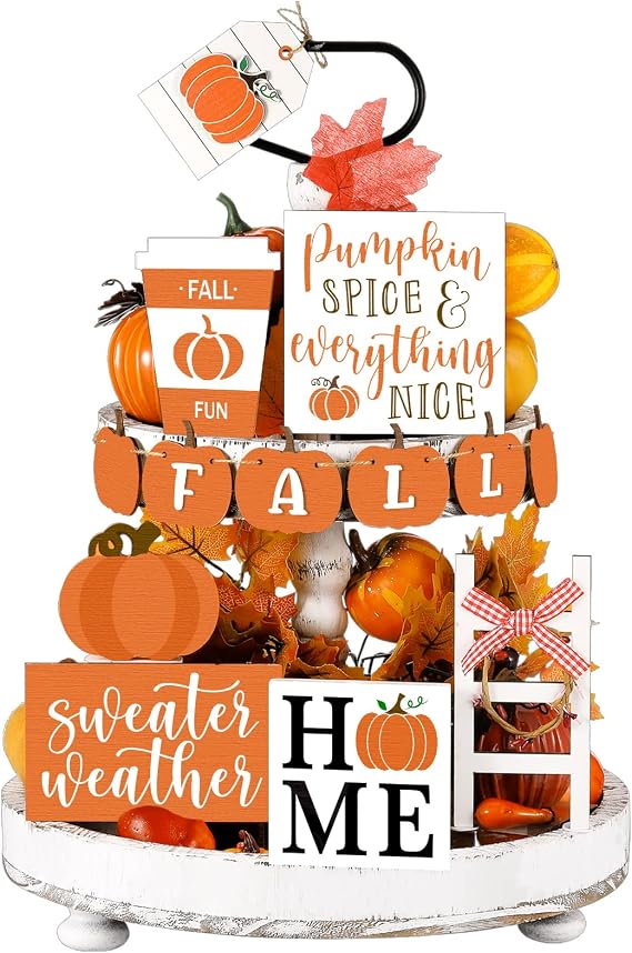 Maitys 13 Pcs Thanksgiving Tiered Tray Decor Set Fall Harvest Wooden Sign Thanksgiving Pumpkin Maple Leaf Rustic Farmhouse Fall Decor Trays Wooden Tabletop Signs for Home Kitchen(Classic Style)
