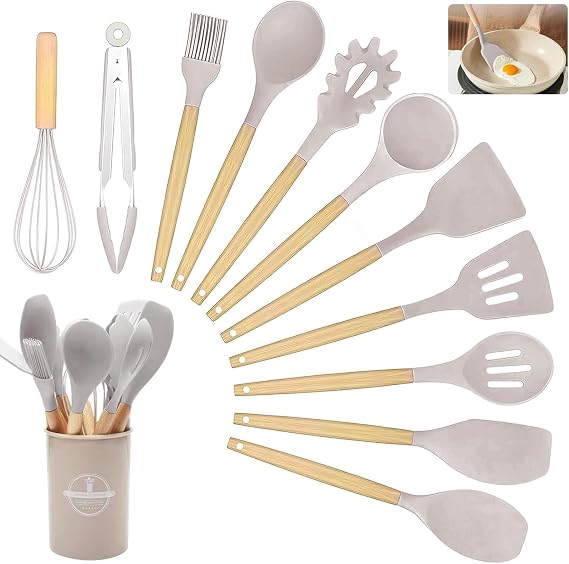 Kitchen Utensil Set, 12 PCS Silicone Cooking Utensils Set with Wooden Handle, Heat Resistant, Nonstick Cookware Tongs Spatula Spoon Set, Silicone Kitchen Utensils Set Suitable for Kitchen(Khaki)