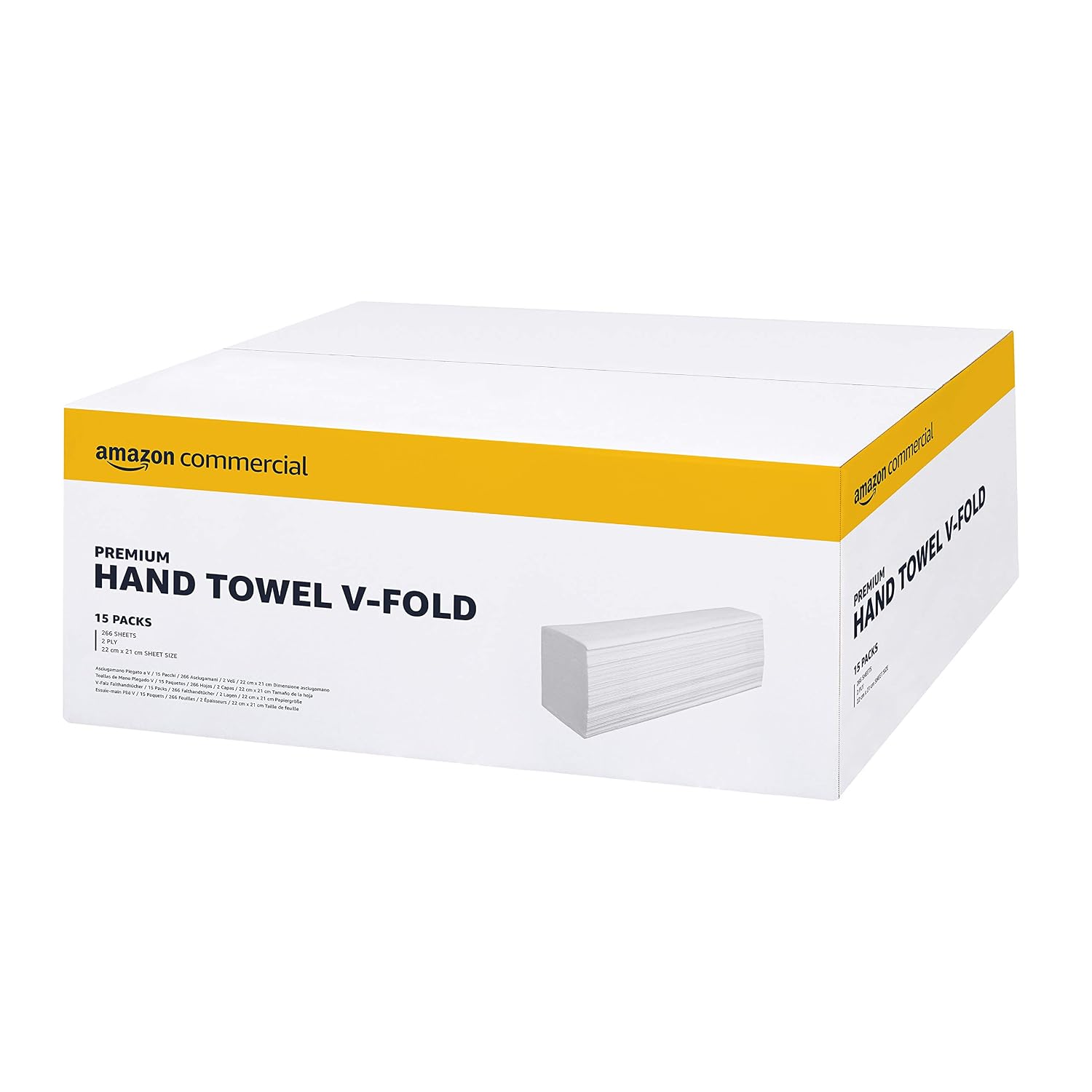 AmazonCommercial Singlefold V-Fold  ZZ-Fold Paper Hand Towels, 2-ply Cellulose, 3990 Sheets 15 packs of 266, Sheet Size: 22 x 21 cm, H3 Dispenser Compatible