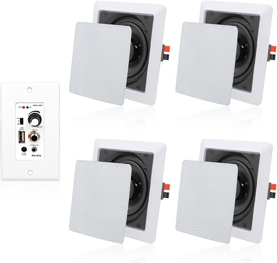 Herdio 5.25 Inches 2-Way Bluetooth Ceiling Speakers with 4 Channel Wall Amplifier, 320W Square in Wall Speaker System for Home Theater Office Kitchen, 2 Pairs