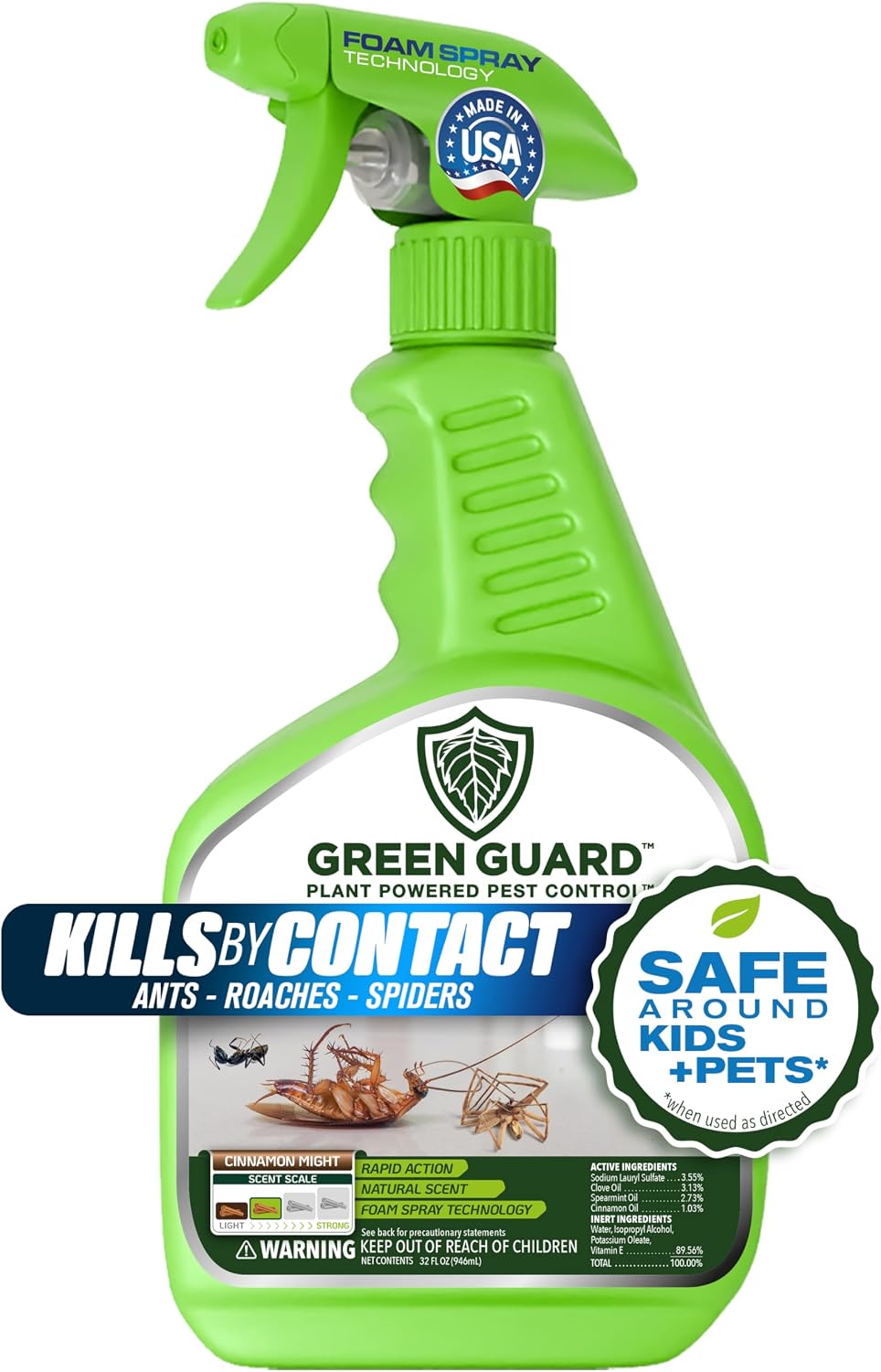 Green Guard Pest Control Spray - Indoor & Outdoor Killer of Ants, Roaches, Spiders & Other Crawling Insects, Safe Around Children & Pets, Plant-Based, Pleasant Scent Cinnamon Might, 32oz