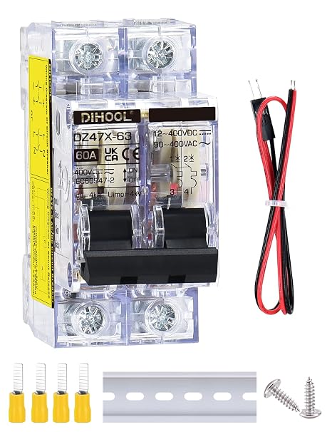 DIHOOL 60A DC Circuit Breaker with Remote Control, 12V-400V DC & 90-400V AC, 2 Pole Miniature Circuit Breaker, DIN Rail Mount Disconnect Switch