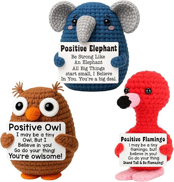 Positive Crochet Animals Set, Emotional Support Gift Set of 3 Handmade Plush Animals Elephant Flamingo Owl, Uplifting Decor for Office Desk Home Study Room, Motivational Gifts for Friends Family