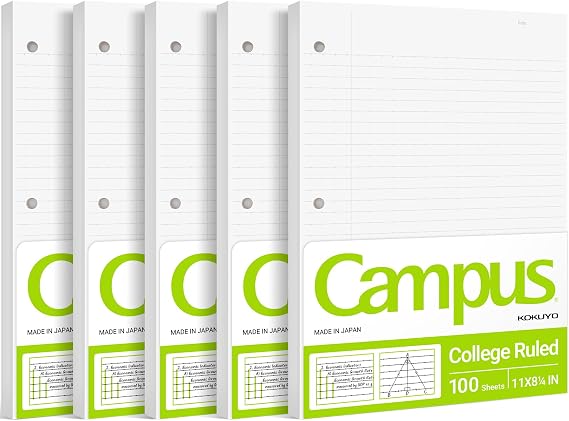 Kokuyo 3 Hole Loose Leaf Paper 8-1/4"x11 College Ruled, 100 Sheets, 5 Pack