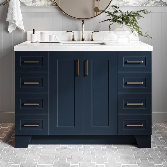 Emilia 48-Inch Bathroom Vanity with Sink Midnight Blue Single Sink Bathroom Vanity, 1.5" Edge Carrara Quartz Countertop, Solid Wood, 2 Soft Closing Doors, 9 Dovetail Drawers