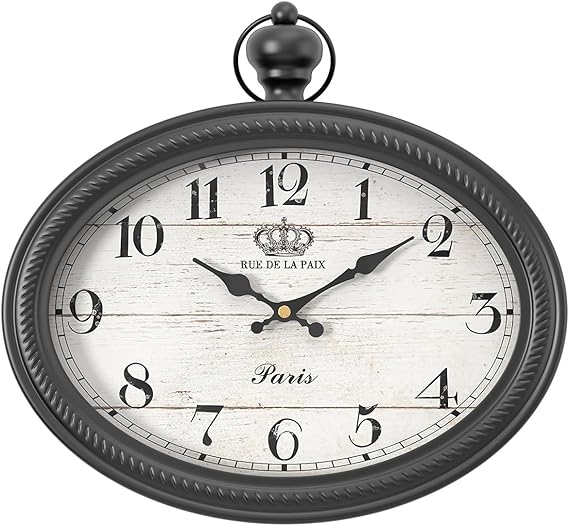 Retro Oval Wall Clock. Black Vintage Antique Style