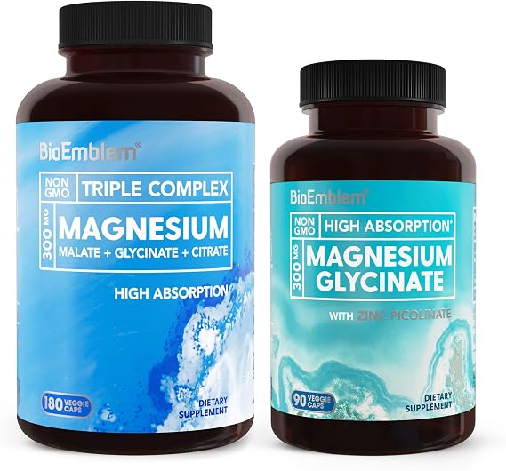 BioEmblem Triple Magnesium Complex and Magnesium glycinate with Zinc for Brain Health, Enzyme Function and Muscles and Legs