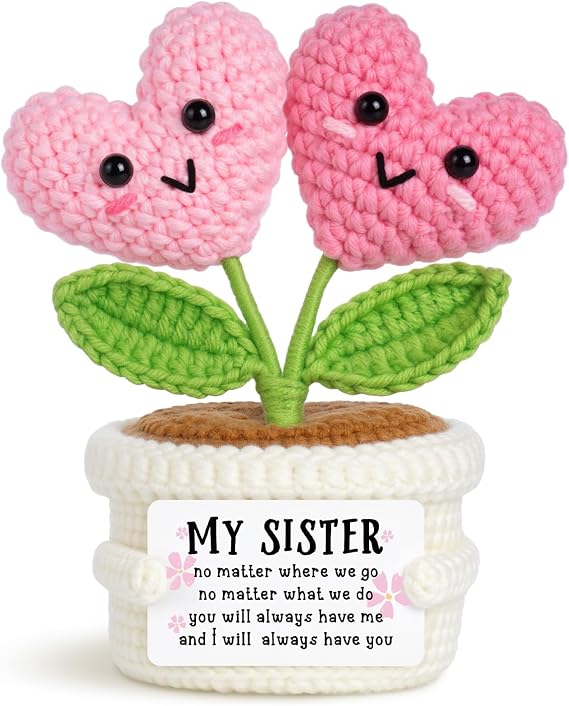 Sister Birthday Gifts - Handmade Crochet Double Heart Flowers | Mothers Day, Thanksgiving, Christmas, Galentines Day Gifts for Sisters