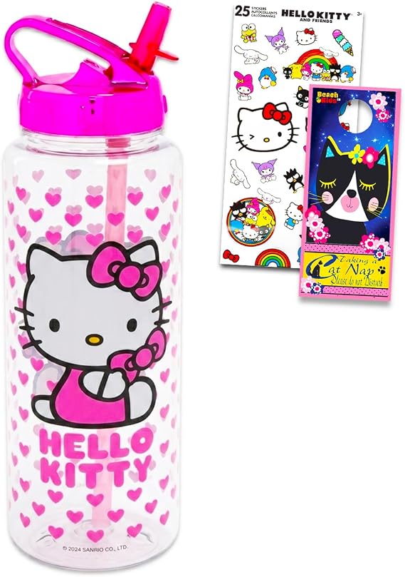 Hello Kitty Reusable Water Bottle - Bundle with Plastic Water Bottle with Spout for Home, School, Sports Plus Sticker, More