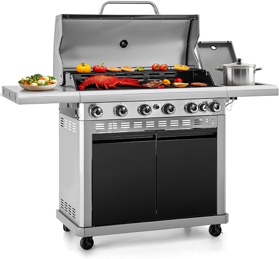 Captiva Designs 6 Burner Propane Gas BBQ Grill with Side Burner, 740 SQ.IN.