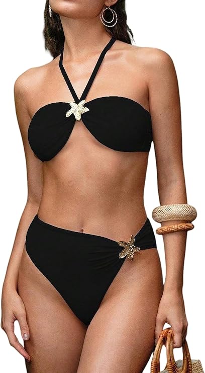 SherryDC Women's Solid Scoop Neck Push Up Padded Brazilian Thong Bikini Swimsuit Bathing Suit