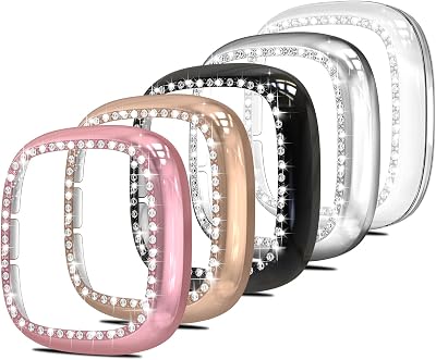 Simpeak 5-Pack Bling Case Compatible with Fitbit SenseVersa 3, Crystals Protector Back Cover Bumper Replacement for Fitbit SenseVersa 3, Women Rose GoldRose PinkBlackSilverClear No Screen