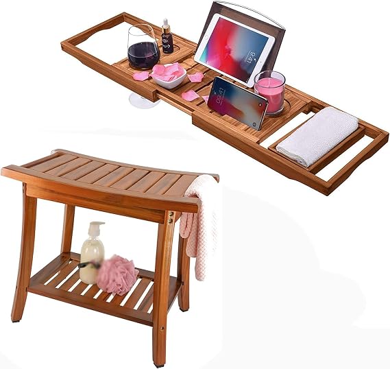 Utoplike Teak Shower Bench Seat Bathtub Caddy Tray Bath Tray for Tub Set