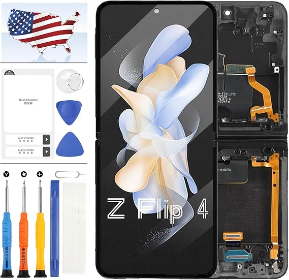 Original for Samsung Galaxy Z Flip 4 Inner Foldable LCD Screen Replacement with Frame Z Flip4 5G SM-F721U SM-F721U1 SM-F721W SM-F721B AMOLED Display Touch Screen Digitizer Assembly 6.7" (Black Frame)