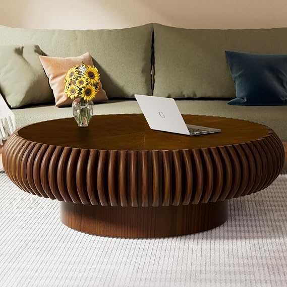 Round Coffee Table, Modern Solid Wood Fluted Design(Walnut, 39.4")