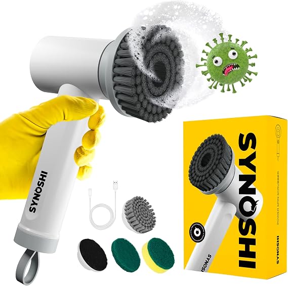 Synoshi Power Spin Scrubber | Cordless, Electric Scrubber | Electric Cleaning Brush 3 Replaceable Heads, 2 Speeds, Perfect for Bathroom, Floor, Scrubbing Brush for Household
