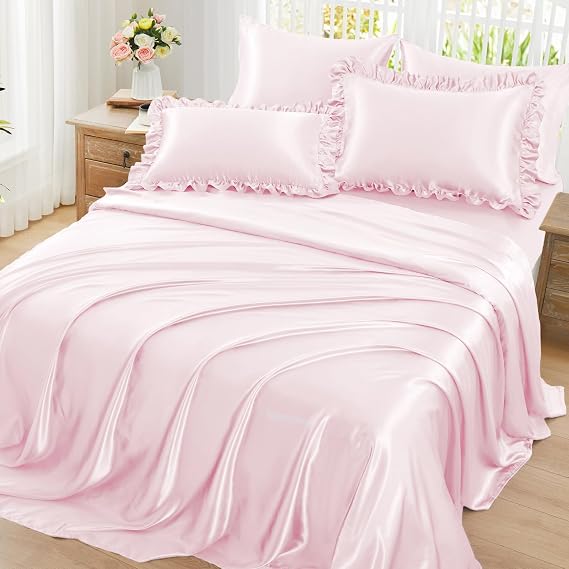 Homiest Ruffled Satin Sheets King Size 6pc Set, Blush Pink Silk-Like