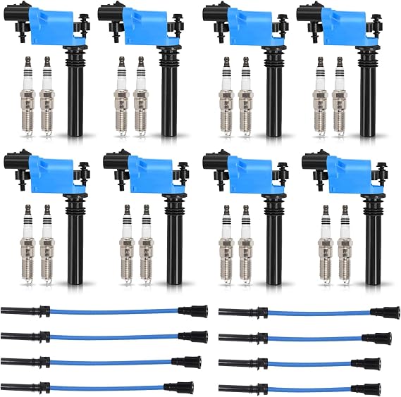ENA Set of 8 Blue Ignition Coil Pack with 16 Spark Plug and Blue Wire Set Compatible with Chrysler Dodge Jeep Ram 1500 2500 3500 Magnum Grand Cherokee 300 5.7L V8 2003 2004 2005 Replacement for UF378