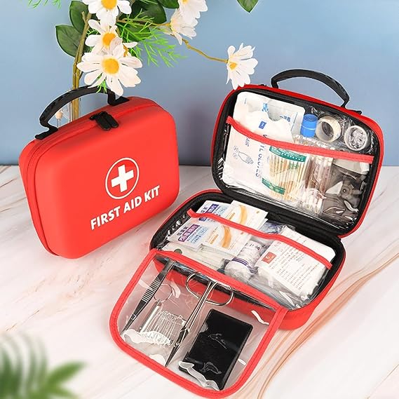 Portable First Aid Kit Bag, Red Semi-Rigid Waterproof Medical Emergency,Survival Box, for Home and Travel, Camping, Office