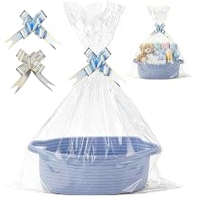 Small Woven Basket with Gift Bags and Ribbons, Empty Children Gift Baskets, Woven Gift Baskets, Gift Basket Hamper Kit for Children Shower Birthday, 30 x 20 x 12 cm (Blue)