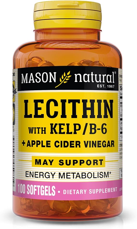 MASON NATURAL Lecithin with Kelp, B6 & Apple Cider Vinegar, 100 Day Supply | Lecithin, kelp iodine, B6 & apple cider vinegar to support energy metabolism, thyroid & nervous system; 100 softgel pills