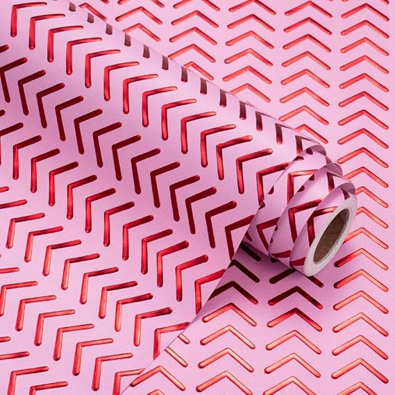 WRAPAHOLIC 3D Kraft Chevron Wrapping Paper Roll - Mini Roll - 17 Inch x 16.5 Feet - Metallic Red Foil Arrow Wrapping Paper with Embossed Perfect for Birthday, Wedding, Bridal Shower, Baby Shower