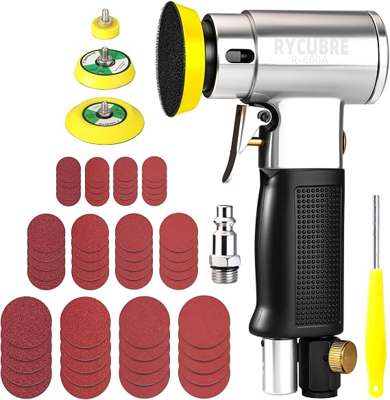 3 Inch Orbital Sander, Air Sander with 1/2/3 Inch Sanding Pads - 60PCS Sandpapers Included, Mini DA Sander for Woodworking, Car Polishing, DIY Projects (1/4 inch Air Inlet)