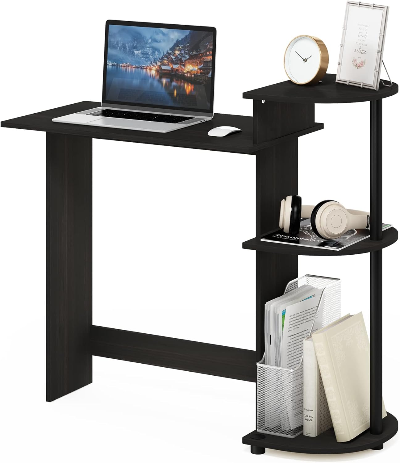 Furinno Compact Computer Desk, Study Desk with Shelves, BlackGrey, 99 W x 85.3 H x 39.4 D cm