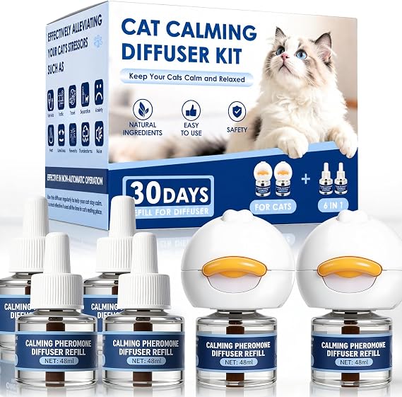 Cat Calming Diffuser, Cat Pheromone Diffuser for Stress Relief & Anxiety Support, Helps Reduce Scratching, Spraying, Fighting and Hiding, Calming Plug In for Multi Cat Homes, 2 Diffusers + 4 Refills