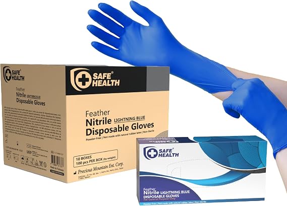 Safe Health Nitrile Disposable Gloves, 2.2 Mil, Ultra Thin, Industrial, Powder Free, Latex Free, Lightning Blue