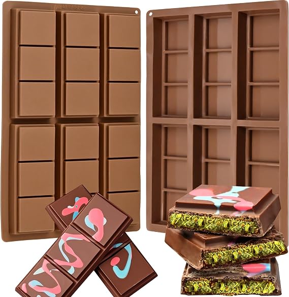 Chocolate Bar Molds for Dubai Pistachio, 2 Pack Square Chocolate Mold | Silicone Molds for Chocolate,Knafeh Thick Stuffed Candy, Non Stick,Break Apart 6 Cavities Deep Chocolate Molds