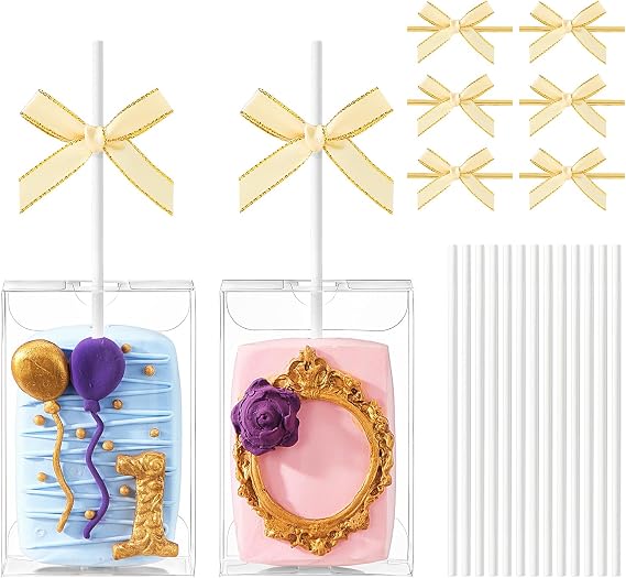 30Set Clear Rice Krispie Treat Boxes with Stick and Gold Tie