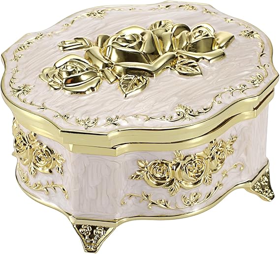 ELLDOO Vintage Music Box, Beige Metal Musical Jewelry Box Keepsake Box, Small Trinket Storage Organizer Jewelry Storage Box Gift for Girl Women (Tune: You are My Sunshine)