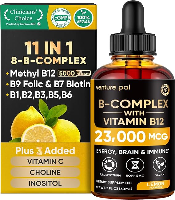 Venture Pal Vitamin B Complex Liquid Drops, B12 Methylcobalamin | B9 Folic | B1,B2,B3,B5,B6,B7 - Vitamin C, Choline, Inositol, Immune & Energy Metabolism, Brain & Heart Support