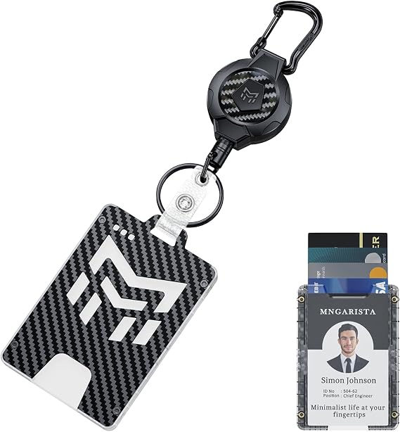 MNGARISTA Retractable Badge Holder, Heavy Duty Carbon Fiber 32.28" Retractable Badge Reel with Carabiner Clip, 4-Locking Point ID Card Holder for Work, Office, Nurse, Teacher, 1 Pack Black
