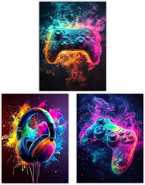 Cunegra Gaming Posters Set of 3, Gaming Canvas Poster, Colorful Game Wall Art for Teen Boys Playroom Decor, Game Room Accessories Bedroom Home Decoration, 40×30 cm (Unframed)