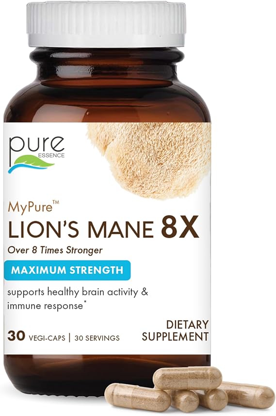 PURE ESSENCE LABS MyPure Lion's Mane 8X - Max Strength Brain Support with 100% Fruiting Body Organic Lion's Mane for Ultimate Cognitive Performance, Focus, and Mental Clarity, 30 Capsules