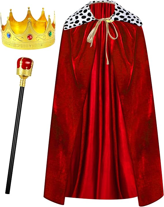 Silkfly King Cape Costume Set Medieval Robe Cape Gold Jeweled Plastic Crown Scepter for Carnival Halloween