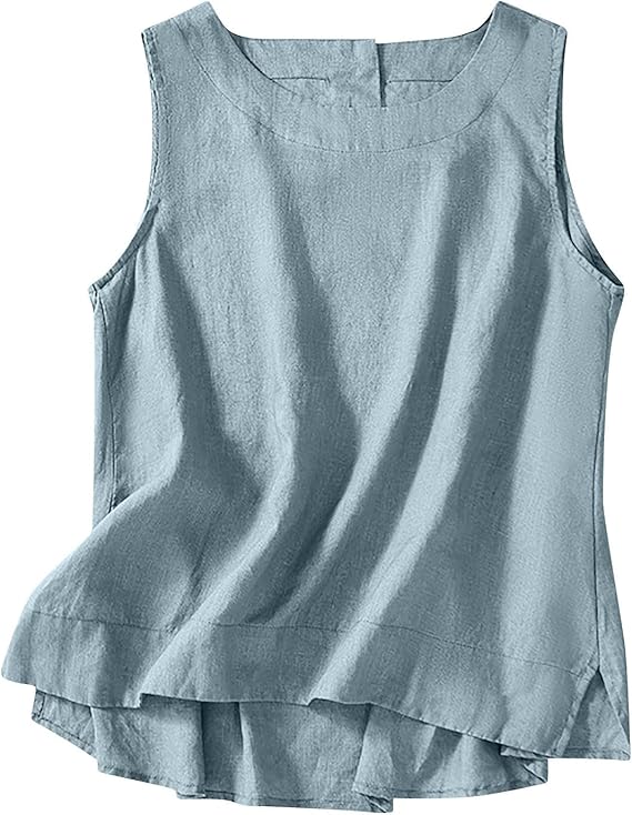 Vest Tops Women UK 2026 Summer Cotton Linen Sleeveless T-Shirt Loose Fit Button Crew Neck Lounge Baggy Solid Color Plain Dressy Casual Tee Shirts Trendy Blouses Ladies Tank Tops