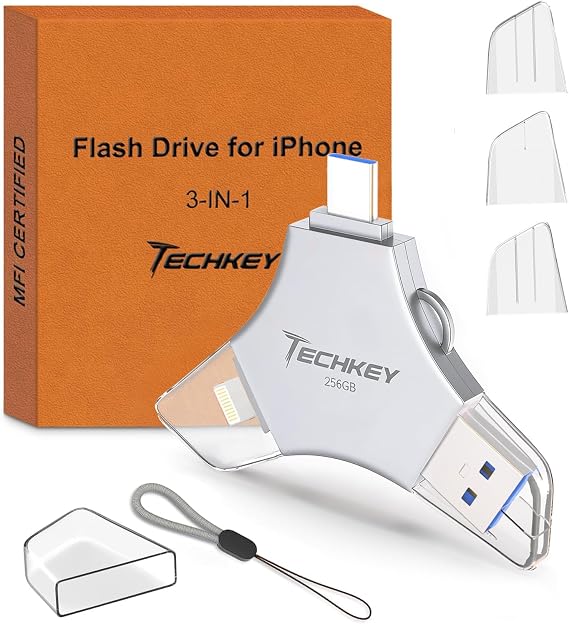 USB Flash Drive for iPhone/iPad, MFi Certified 3in1, 256GB, Silver