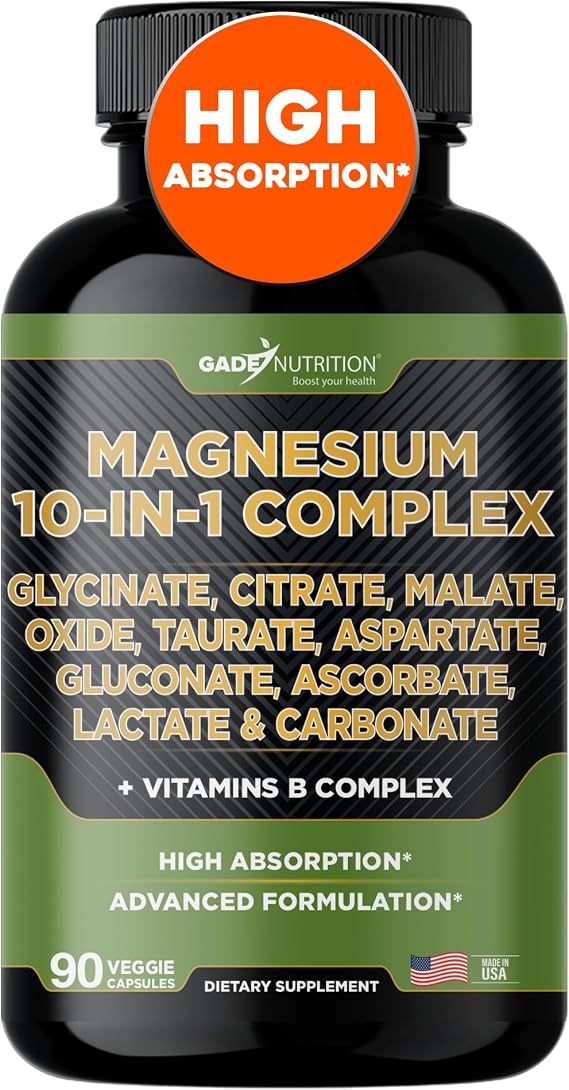 Gade Nutrition Magnesium Complex 10 in 1 - Glycinate, Citrate, Malate, Oxide, Taurate, Aspartate, Gluconate Ascorbate Lactate Carbonate Zinc Copper Manganese & Vitamins 90 Count