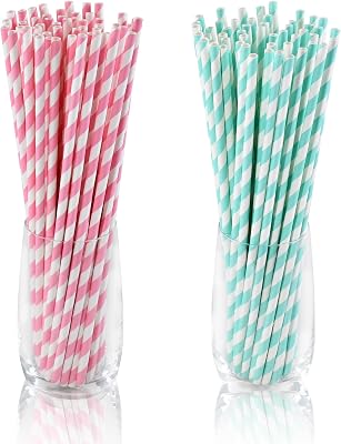 Chunspak 10.25 Inch Tall Paper Drinking Straws Pink Striped 100 ct. Bundle with Light Aqua 100 ct.