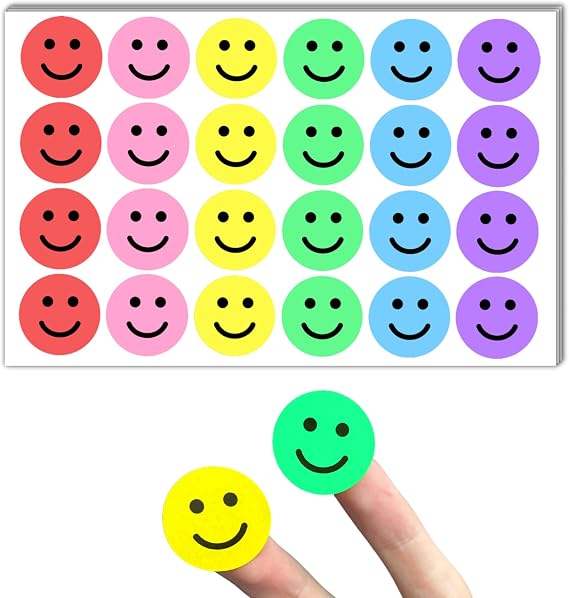 600 Pieces, 1" - Smiling Happy Smile Face Stickers for Reward - 6 Colors