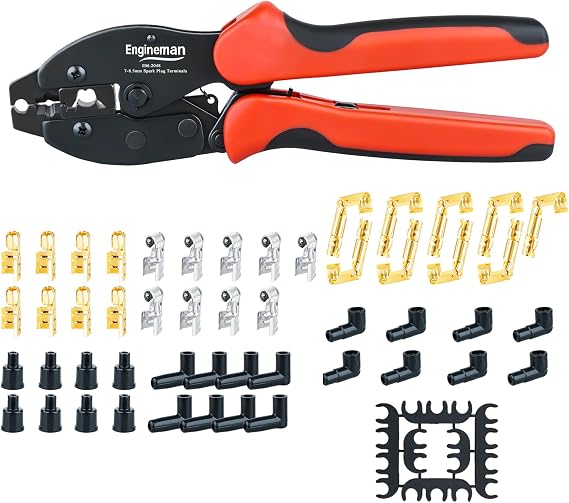 Spark Plug Wire Crimping Tool Kit, Ratchet Spark Plug Crimper for Crimping and Stripping Plug, 26PCS 180 /90 /Straight Spark Plug Coil Terminals and 24PCS Terminals Boots
