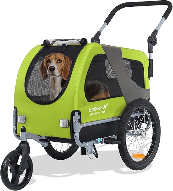 DOGGYHUT Premium M Pet Bike Trailer & Stroller Up to 50 lbs (Lime Green) | Bicycle Trailer for Small or Medium Dogs, Dog Bicycle Carrier, Low Center of Gravity, Folding Frame Cart