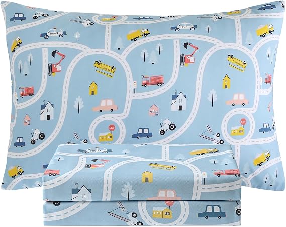 Full Sheets Set for Boys Kids - 4-Piece Car Town Bedding Set, Breathable Blue Town 3D Fitted Sheets with 14" Deep Pocket, Ultra-Soft Lightweight Bedroom Essentials